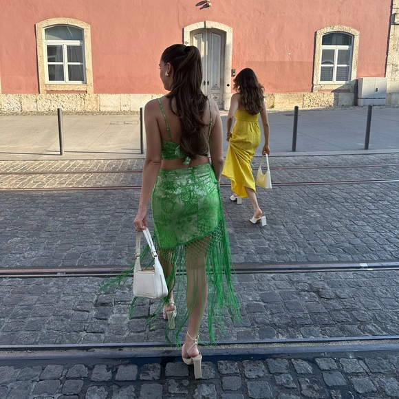 Embroidered Tie Back Tassel Midi - Green Dress - Picture 2 of 4